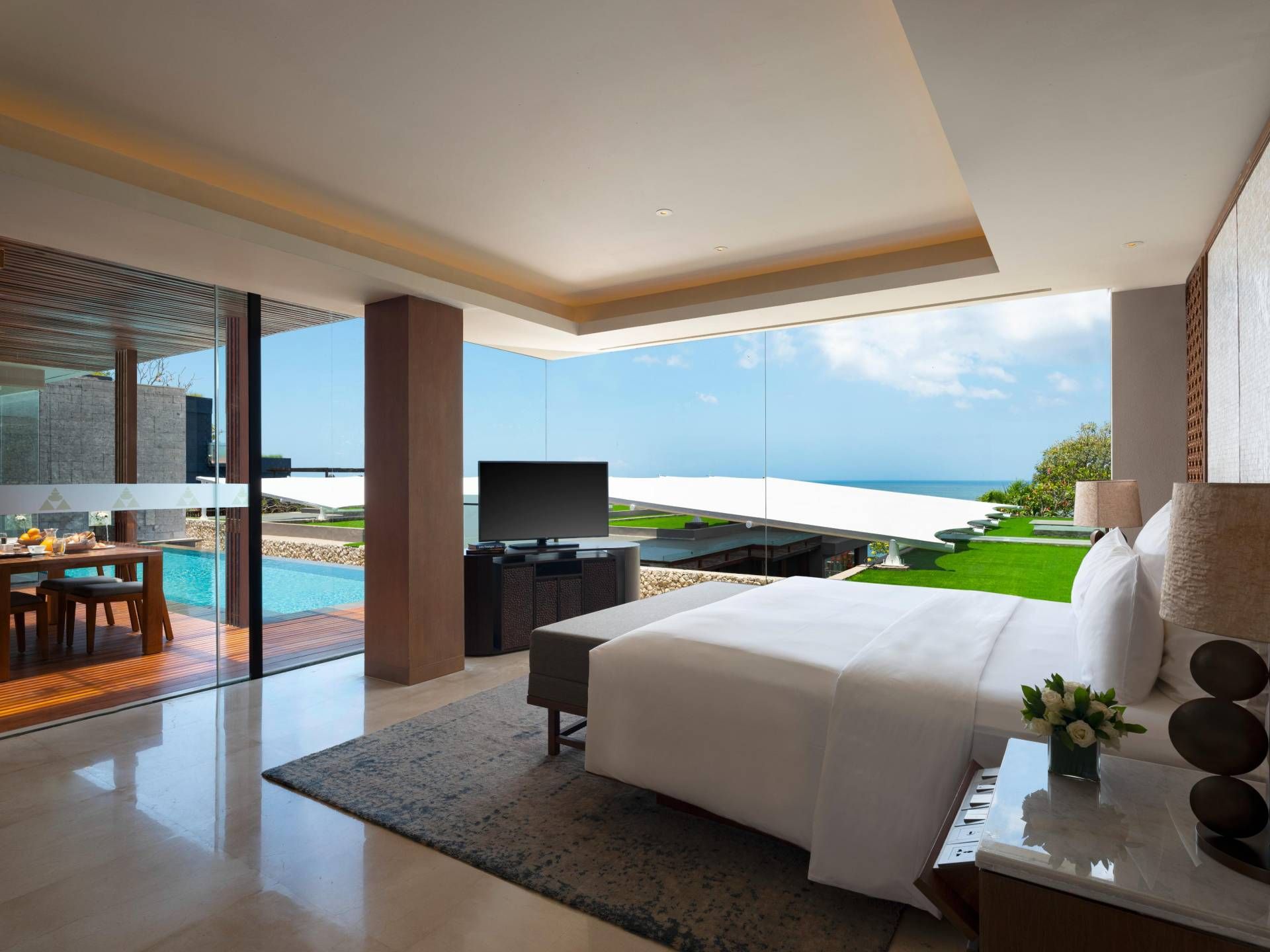 Anantara Uluwatu Bali Resort Guest Room Three Bedroom Ocean View Pool Villa Master Bedroom - Island Events Co Bali